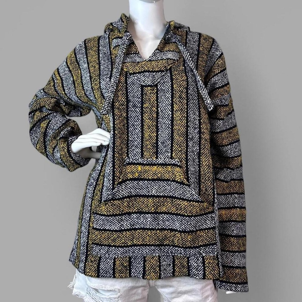Vintage Baja Hoodie Mexican Blanket Pullover Black Yellow Size Large